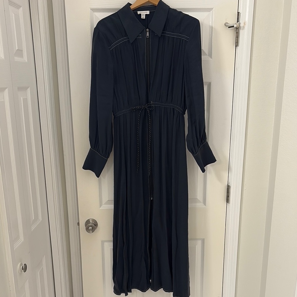 Topshop Blue Pleated Smocked Gown with Bishop Sleeves